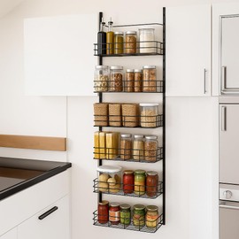 USTECH 6-Tier Heavy Duty Over The Door Pantry Organizer, Metal Hanging Storage Rack with Wired Tubing, Adjustable Shelves for Kitchen, Bathroom, Closet, Space-Saving Design, Black