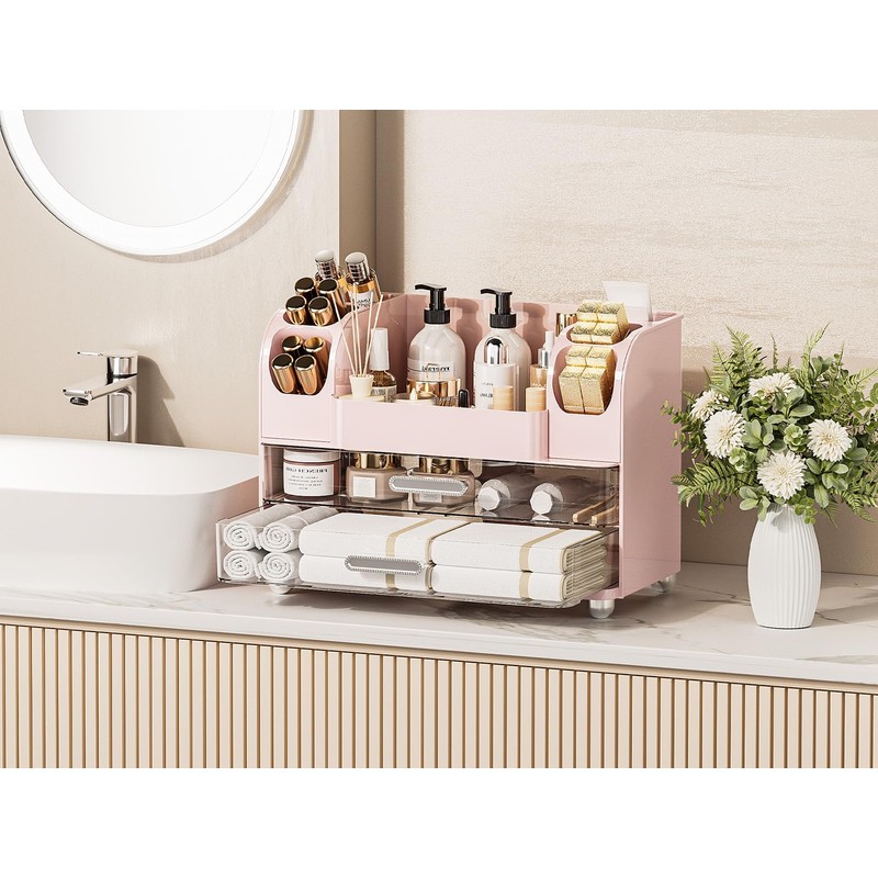 Delamu Makeup Organizer Countertop with 6 Brush Holder, Bathroom Countertop
