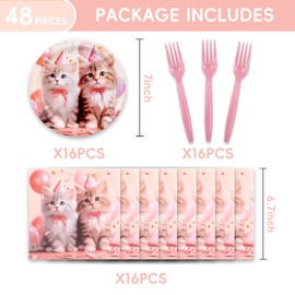Juego de 48 decoraciones para fiestas de cumpleaños con temática de gatito con platos, servilletas, tenedores, suministros para fiestas de cumpleaños para 16 invitados