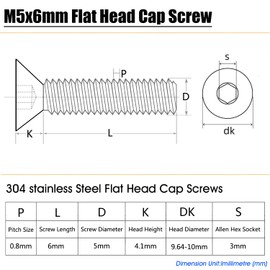 M5x6mm Flat Head Screws,75pcs M5-0.8x6mm Countersunk Head Socket Cap Screw Bolts,304 Stainless Steel Machine Blot,Allen Socket Drive,Full Thread,Bright Finish,Quantity 75
