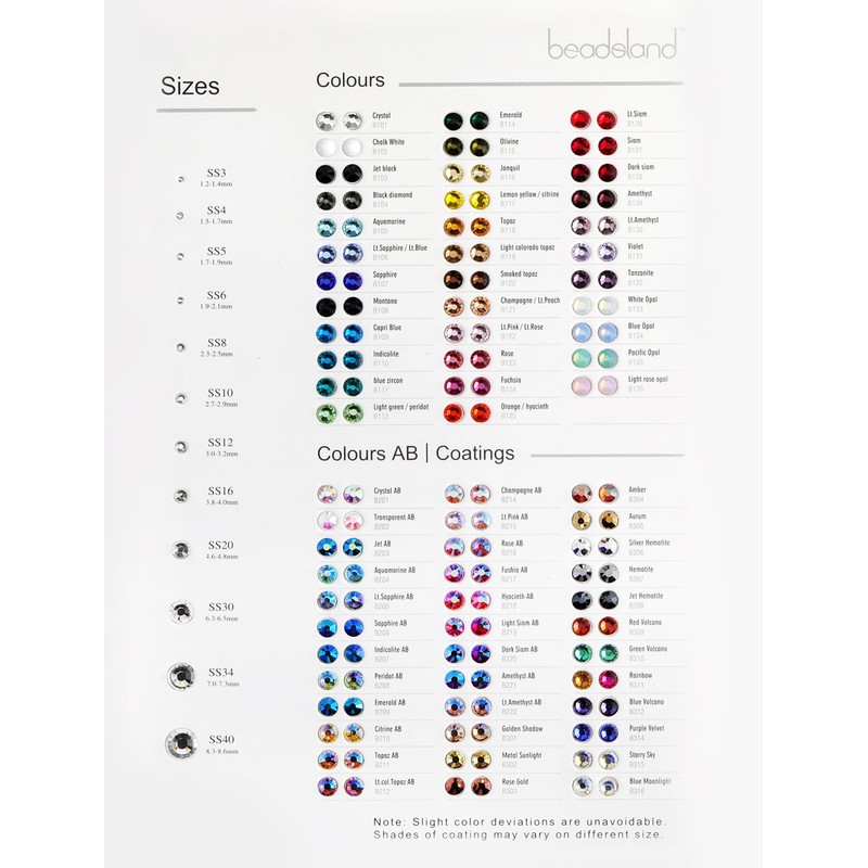 Beadsland Flat Back Rhinestones Sample Card Color Chart