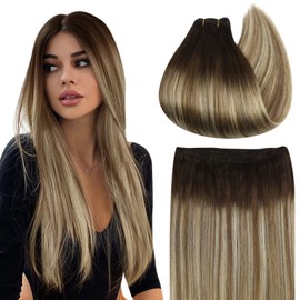 Ugeat Weft Hair Extensions Human Hair Blonde Sew in Hair Extensions Dark Brown Mix Medium Brown with Light Blonde Balayage Hand Tied Weft Hair Extensions Double Weft 14inch 80G