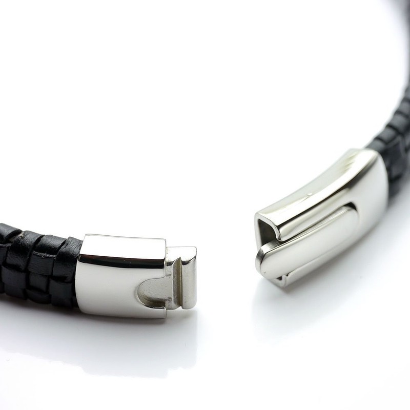 Silver One Leather Choker Men's Lattice Braided Locking Necklace, Black,