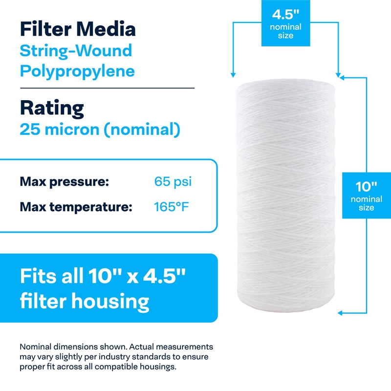 SpiroPure SP-WP25-BB 10x4.5 25 Micron String-Wound Polypropylene Water Filter Cartridge