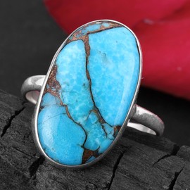 Blue Copper Turquoise Statement Ring, Chunky Gemstone Ring, 925 Sterling Silver Ring, Size 9.5 USA Christmas Gifts for Women