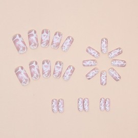 Coffin Press on Nails Medium Short Square Fake Nails White Cracks False Nails with Designs Gradient Glue on Nails Glossy Full Cover Acrylic Nails Reusable Artificial Nails for Women 24PCS