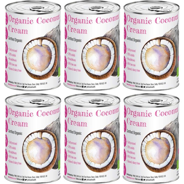 PINK SUN Organic Coconut Cream 400ml x 6 Single Tins for Cooking 22% Full Fat Milk Alternative BPA Free Can No Additives or Preservatives Gluten Free Dairy Free Lactose Free Vegetarian Vegan