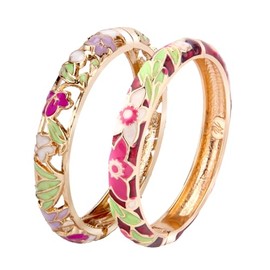 UJOY Cloisonne Bracelet Lotus Flower Gold Plated Cuff Bangle Enameled Jewelry Bracelets Gift for Women Pack in Case 88B04-55A101 White red