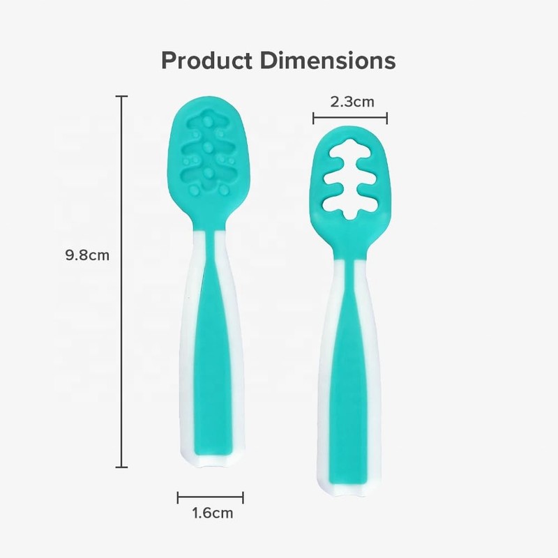 2 Pre-Spoon Set, Self-Feeding Training Utensils, Teething Relief Spoons (Turquoise)