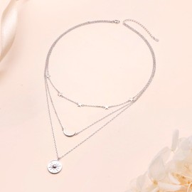 Flyow S925 Sterling Silver Layered Necklaces for Women, Multi 3 Layer Sun Moon Stars Boho Triple Choker Pendant Necklace Jewerly Gift for Women