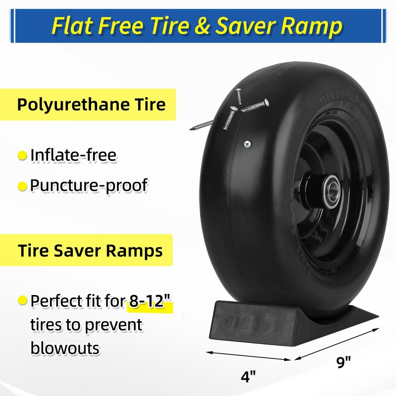11x4.00-5” Flat Free Lawn Mower Tire and Wheel, Comes with