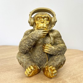 Alfie Francis 17cm Tall Gold Monkey wearing Headphones Ornament Statue Figurine Gorilla Animal Home Decor Gift