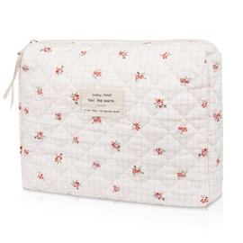 Floral Makeup Bag, Small Cosmetic Bag for Women Girls, Cute Cotton Makeup Bag, Quilted Makeup Bags, Flower Travel Toiletry Organizer Bag(Checkered Flower)