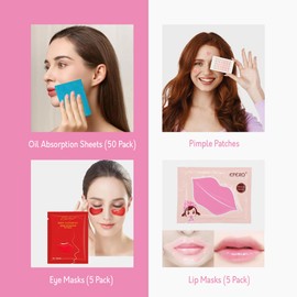 Complete Skincare Set for Birthday Gift: Pink & Tan Bags, Hair Clip, Oil Absorbing Sheets, Anti-Wrinkle & Pimple Patches, Lip & Eye Masks, Spa & Bubble Headbands, Wristbands -Beauty for Women, Teens