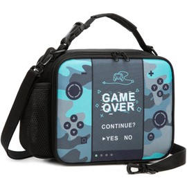 Hairao Kids Lunch Bag for Boys, Insulated Lunch Bag for School, Camo Gamer Lunch Box with Shoulder Strap, Large Capacity with Bottle Pocket, Teal