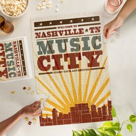 Lantern Press Nashville, Tennessee, Skyline and Sunburst Screenprint Style 1000 Piece Jigsaw Puzzle for Adults, Made in USA with Reference Poster