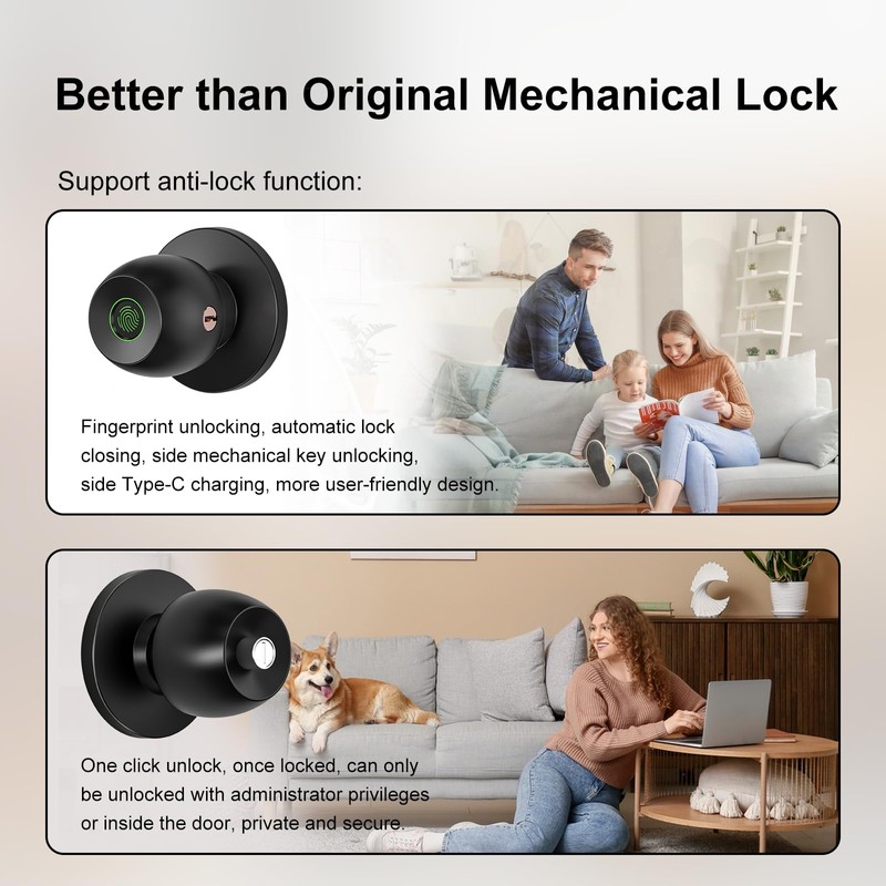 52HZ Fingerprint Door Knob with Lock, 3 in 1 Smart