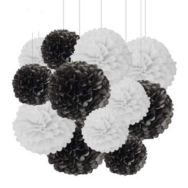 ZOOYOO 12 Stück Schwarze und weiße hängende Pompons aus Seidenpapier für partydeko,Decke,Wand,seidenblumen– 2 Farben à 30,5 cm, 25,4 cm