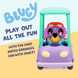 Bluey Grannies Car Coupe Chat Mates Playset, Talking Janet Kids Toy with Removable Blanket, Glasses, Interactive Toys Figures Set, Ages 3+