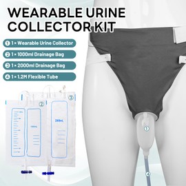 Wearable Urine Collector with Breathable Fixing Pants, 2 Urinary Drainage Bags 2000ml and 1000ml, Reusable Silicone Capsule, 1.2M Flexible Tube, Daily and Nighttime Use, Elderly Male Blue