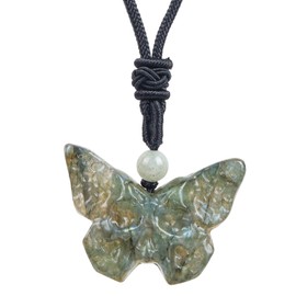 Loveliome Natural Crystal Stones Butterfly Skull Pendant,Adjustable Black Cord Gothic Hand Carved Necklace, Moonstone