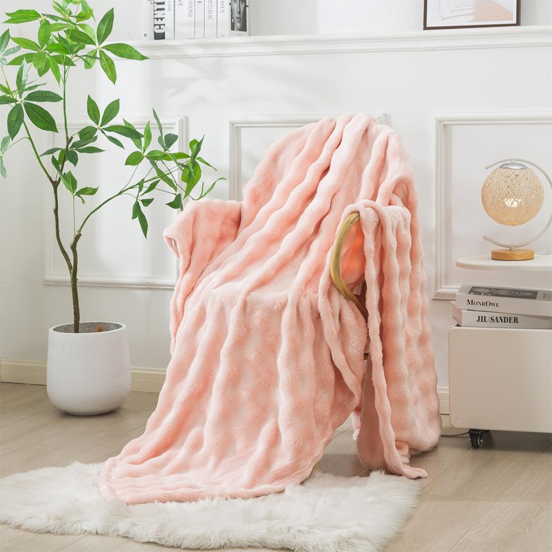 Wajade Fluffy Flannel Blanket Pink Bubble Faux Fur Bed Throw