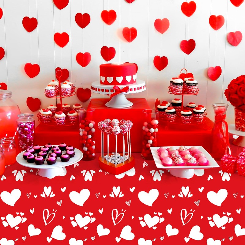 Litmitfu 2 Pack Valentines Tablecloth - Red Heart Valentines Table