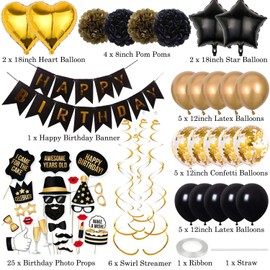 WEIKA 54 Pcs Birthday Decorations - Black and Gold Happy Birthday Banner, Birthday Photo Booth Props, Bunting Swirl Streamers, Pom Poms Décor, Gold and Black Balloons for Boys Men Girls Women