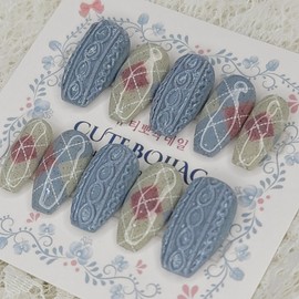 Argyle knit handmade nail tips, pedi tips - Oval M / 아가일 니트 수제네일팁,페디팁 - 오벌M