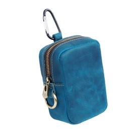 Crazy Horse Leather Coin Case Retro Zipper Coin Purse with Clip on & Key Ring for Men Women, blue