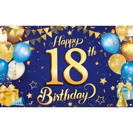 KatchOn, Happy 18th Birthday Banner for Boys - XtraLarge, 72x44 Inch | Happy Bday Backdrop for Blue and Gold 18th Birthday Decorations for Boys, Girls | Blue and Gold Party Decorations