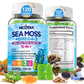 Sea Moss Gummies + Omega-3 Vegan Supplement for Man Women, Organic Irish Seamoss Superfood w/Black Seed Oil, Ashwagandha, Burdock Root, Bladderwrack, B12 for Energy, Brain, Immunity, Sugar Free 120Cts