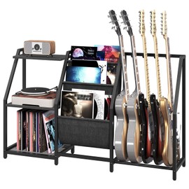MAHANCRIS Guitar Stand, Record Player Stand with Storage, for 5 Acoustic Guitar, Bass, Electric Guitar, Ukulele, Banjo, Turntable, Vinyl Records and Amp Accessories, for Music Studios, Black