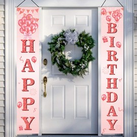 GRESATEK Geburtstagsdeko Banner, Happy Birthday Tür Banner Hintergrund für Frauen und Mädchen, 2 Stück Rose Gold Geburtstagsbanner Veranda Stoff Deko
