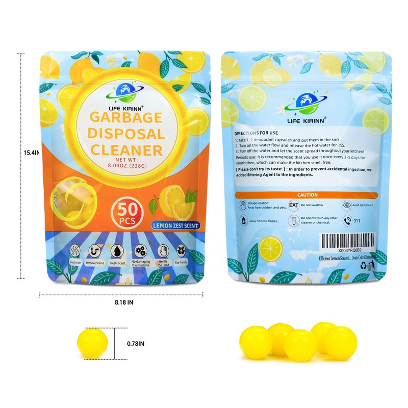 LIFE KIRINN Garbage Disposer Freshener,Sink Disposal Odor Eliminator,50 Count Lemon