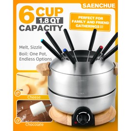 Sanenchue Fondue Pot, 6-Cup Electric Fondue Pot Set for Cheese & Chocolate, 8 Color-Coded Forks, Temperature Control, Stainless Steel Pot Set, Solid Wood Base and Handle, FD-24