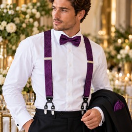 Men's Paisley Suspenders and Bow Tie Set for Formal Wear – Teal Blue 4-Piece Matching Accessories for Weddings and Parties