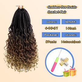 Goddess Box Braids Crochet Hair For Black Women, Bohemian Crochet Box Braids With Curly Ends, 14Inch Pre-Looped Crochet Boho Box Braids Crochet Hair(14 Inch (Pack of 8), 4-30-27)