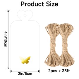 joycraft 100Pcs Gift Tags with String, 4x2 in Blank Tags with Gold Foil Butterfly, White Paper Labels for Birthday, Wedding, Baby Shower, Christmas