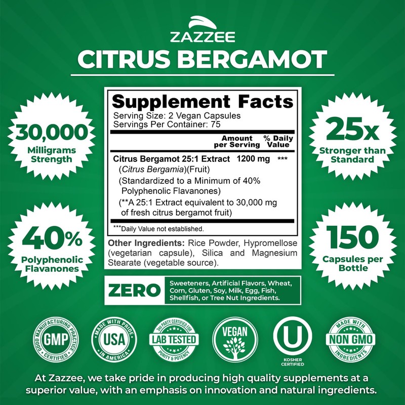 Zazzee Citrus Bergamot 25:1 Extract 1200 mg, 40% Polyphenolic Flavanones,