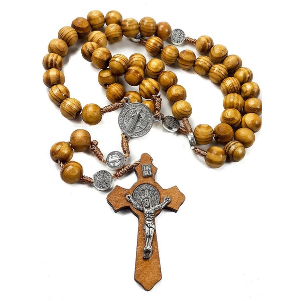 Nazareth Store Wood Beads Rosary Necklace Saint Benedict Medal & Catholic Cross Religious Prayer Chaplet String Handmade