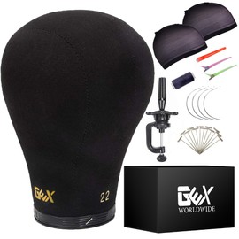 GEX 20"-24" Canvas Cork Wig Block Mannequin Head for Wig Making Drying Styling Display with Table C Clamp Stand Holder (Black 22.5")