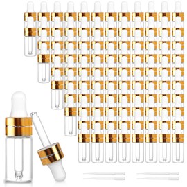 Comrzor 100 Pack 3ml Clear Glass Dropper Bottles with 4 Pcs Plastic Droppers, Mini Sample Dropper Bottles for Essential Oils Perfume Cosmetic Liquid, Empty Travel Sample Vials with Gold Cap