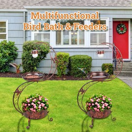 VEWOGARDEN S Bird Baths for Outdoors Metal Standing Bird Bath with Solar Lamp Vintage Garden Birdbaths with Flower Planter Pedestal(36" H * 19.6" W)