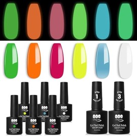 YTD Likomey Esmalte Semipermanente de Uñas en Gel UV LED Kit,Brilla en la Oscuridad 6 Colore Blanco Rosa Verde Amarillo Gel Polish con Base y Top Coat