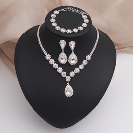 rneyflow Elegant Wedding Bridal Silver Crystal Necklace Dangle Earring Bracelet Bridesmaids Prom Costume Accessories Jewelry Set for Women, Large, Rhinestone, Crystal