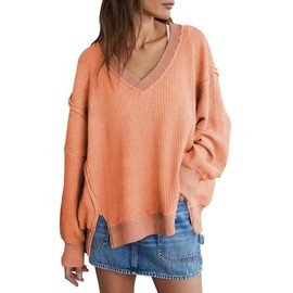 miduo Womens Winter Fashion Oversized Sweatshirt Waffle Knit Long Sleeve Lightweight Splits Pullover Sweatshirts Outerwear Orange M