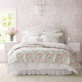 Laura Ashley- Twin Quilt Set, Reversible Cotton Bedding with Matching Sham(s), Lightweight Home Decor for All Seasons (Melany Pink, Twin)