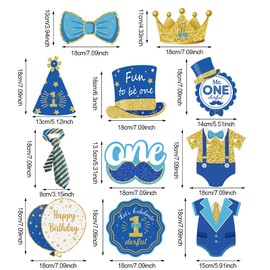30 Pieces Mr Onederful Boys 1st Birthday Decorations, Blue and Gold Baby 1st Birthday Party Hanging Foil Swirls Ceiling Mustache Toppers Sign Decor for Baby Boy First Birthday Supplies