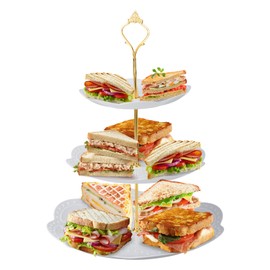 3-Tier Plastic Tea Sandwich Stand with Porcelain Embossed - Pure White with Gold Rimmed for Tea Party, Wedding and Birthday Tea Sandwich Tray